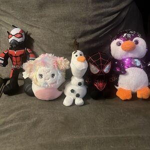 - Plushie various characters spider man , squishmallow, Olaf and ant man